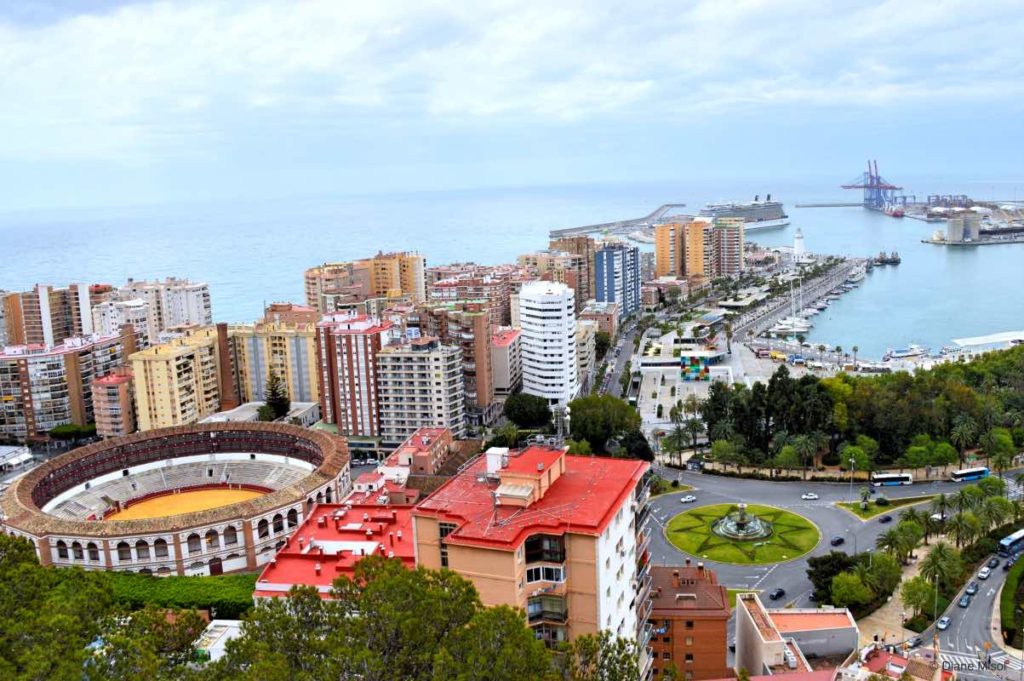 Aerial view of Bullring and Port of Malaga, Spain