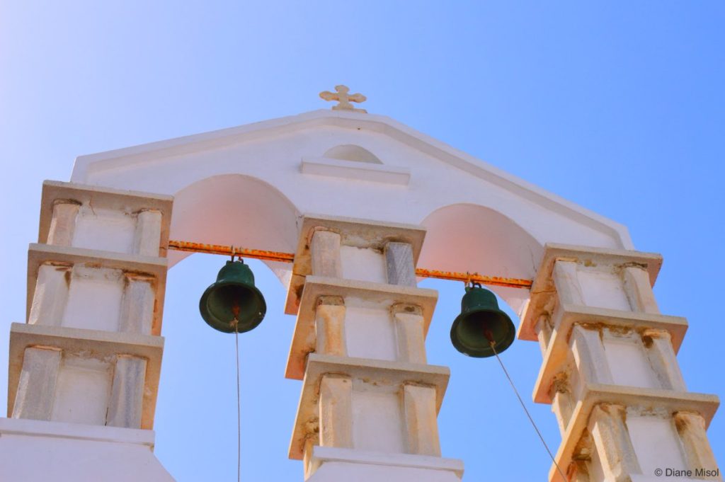 Dual Pinkish Bell Towers. Churches of Mykonos, Greece