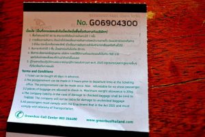 Back of Green Bus Ticket; Interesting Info - Chiang Rai to Chiang Mai