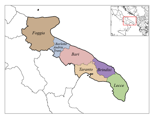 Map showing Italy's Heel of the boot and Province Location