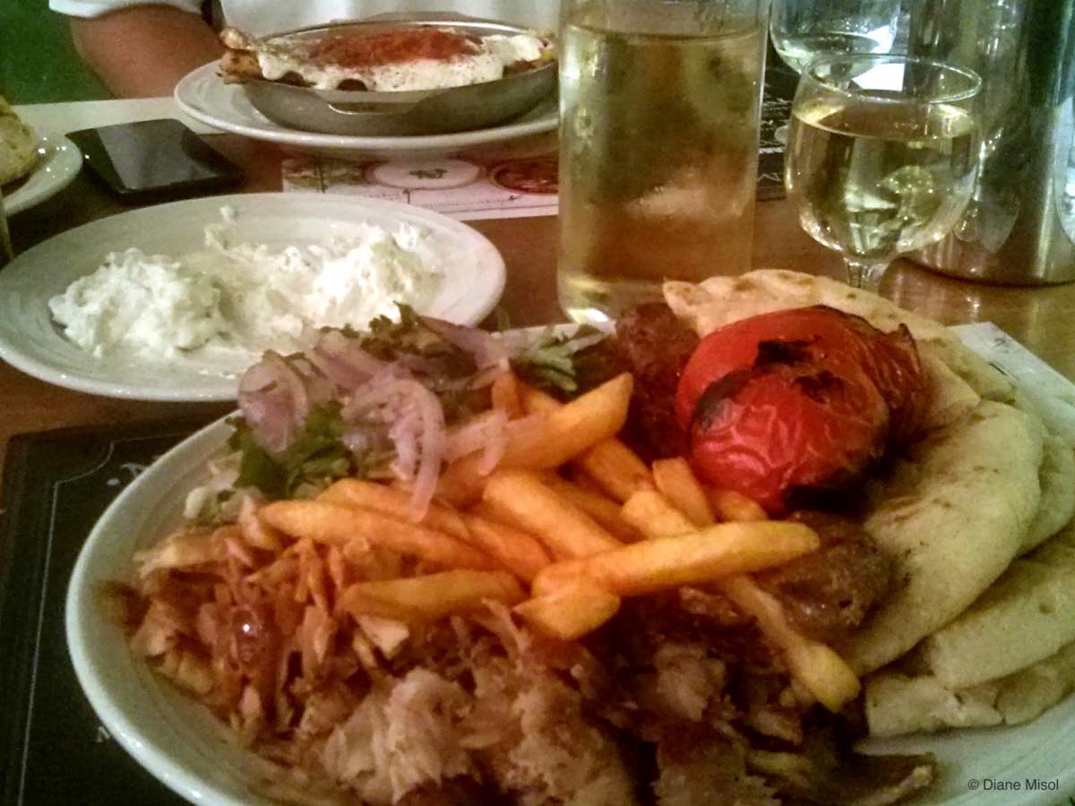 Gyro Platter with Grilled Tomatoes, and Moussaka. Athens, Greece