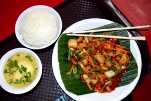Spicy Cashew Chicken, White Rice and Sour Soup - Singapore